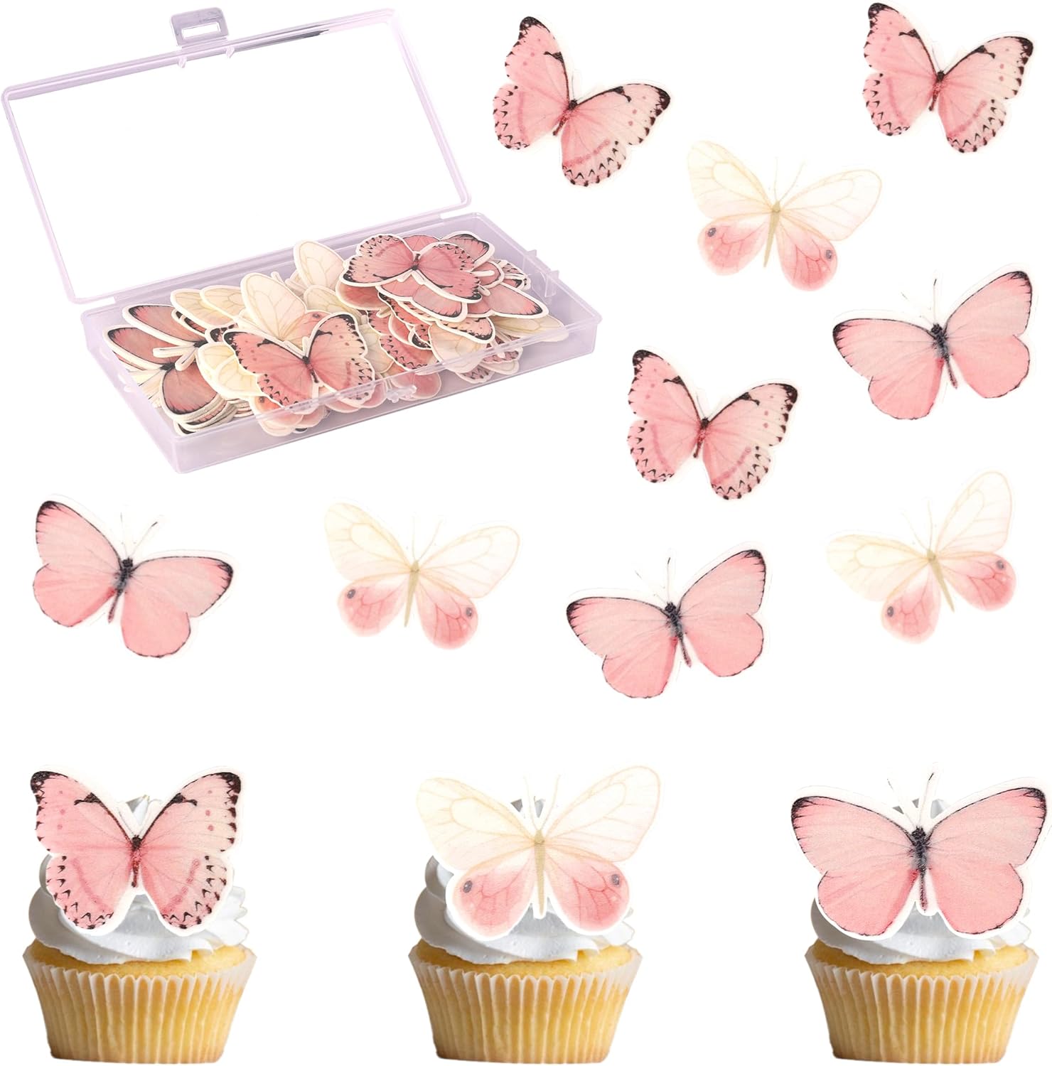 60 PCS Butterfly Cupcake Toppers Edible Butterfly Cake Decorations Edible Butterflies Cupcake Picks for Butterflies Theme Baby Shower Happy Birthday Party Cake Decoration Supllies Pink