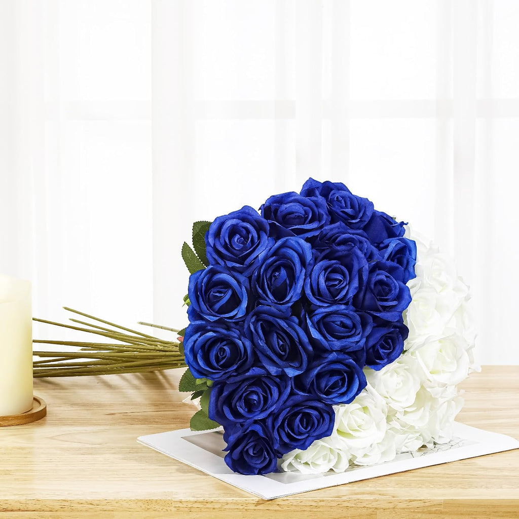 36 Pcs Silk Blue White Rose Bouquet Bridal Artificial Flowers,Fake Rose Long Stem Realistic Flowers Bulk for Wedding Bouquet Ball Arrangement Centerpiece Party Decor