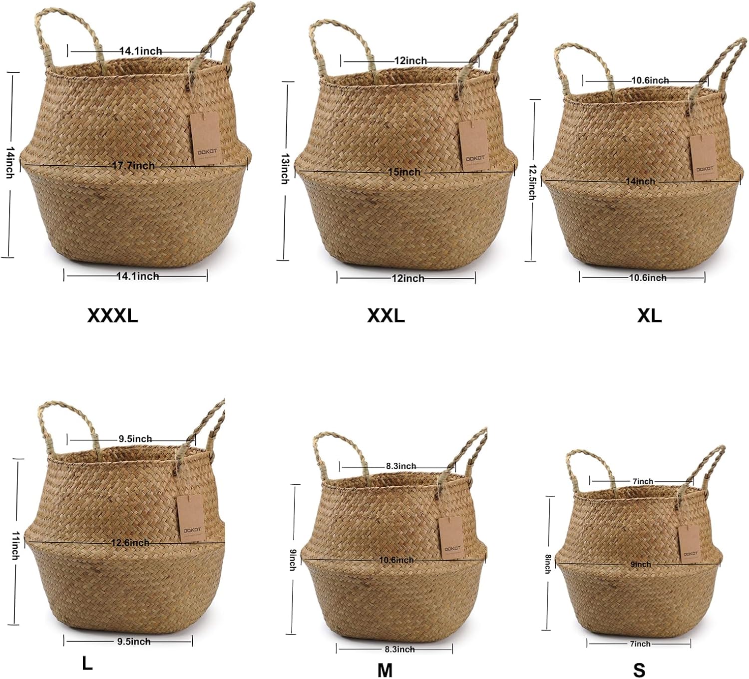 DOKOT Seagrass Plant Basket with Handles, Woven Storage Basket, 7inch Diameter x 8inch Height