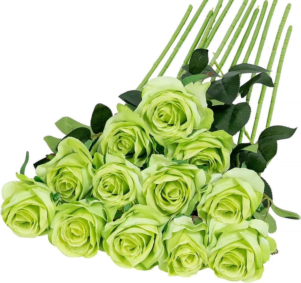 Hawesome 12PCS Artificial Silk Flowers Realistic Roses Bouquet Long Stem for Home Wedding Decoration Party (Green)
