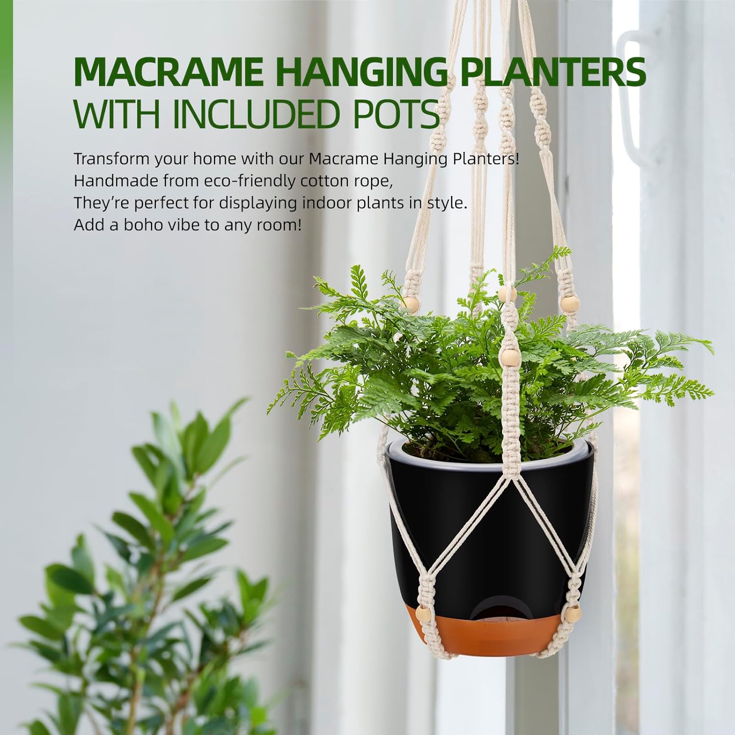 2-Pack 7.2-Inch Self-Watering Hanging Planters for Indoor & Outdoor Plants,34-Inch macrame hanger plant pots indoor with drainage,Small Hanging Planters & Baskets in Black,With two sets of hooks