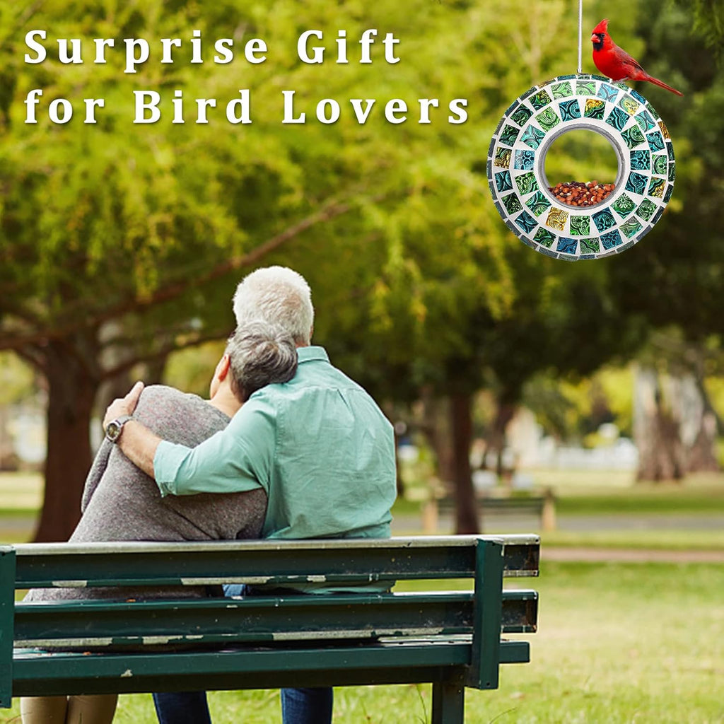 Yinns Bird Feeder - Fly Through Birds Feeder for Outside, Hanging Mosaic Glass Birdfeeder for Outdoors Circle Wild Bird Seed Container, 7-inch Green