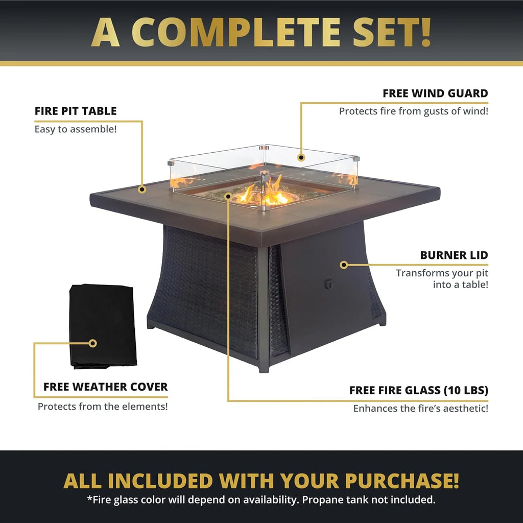 42" Outdoor Fire Pit Table for Patio, Propane Fire Pit Coffee Table with Square Base Patio Heater, CSA Certified, 50,000 BTU Stainless Steel Burner