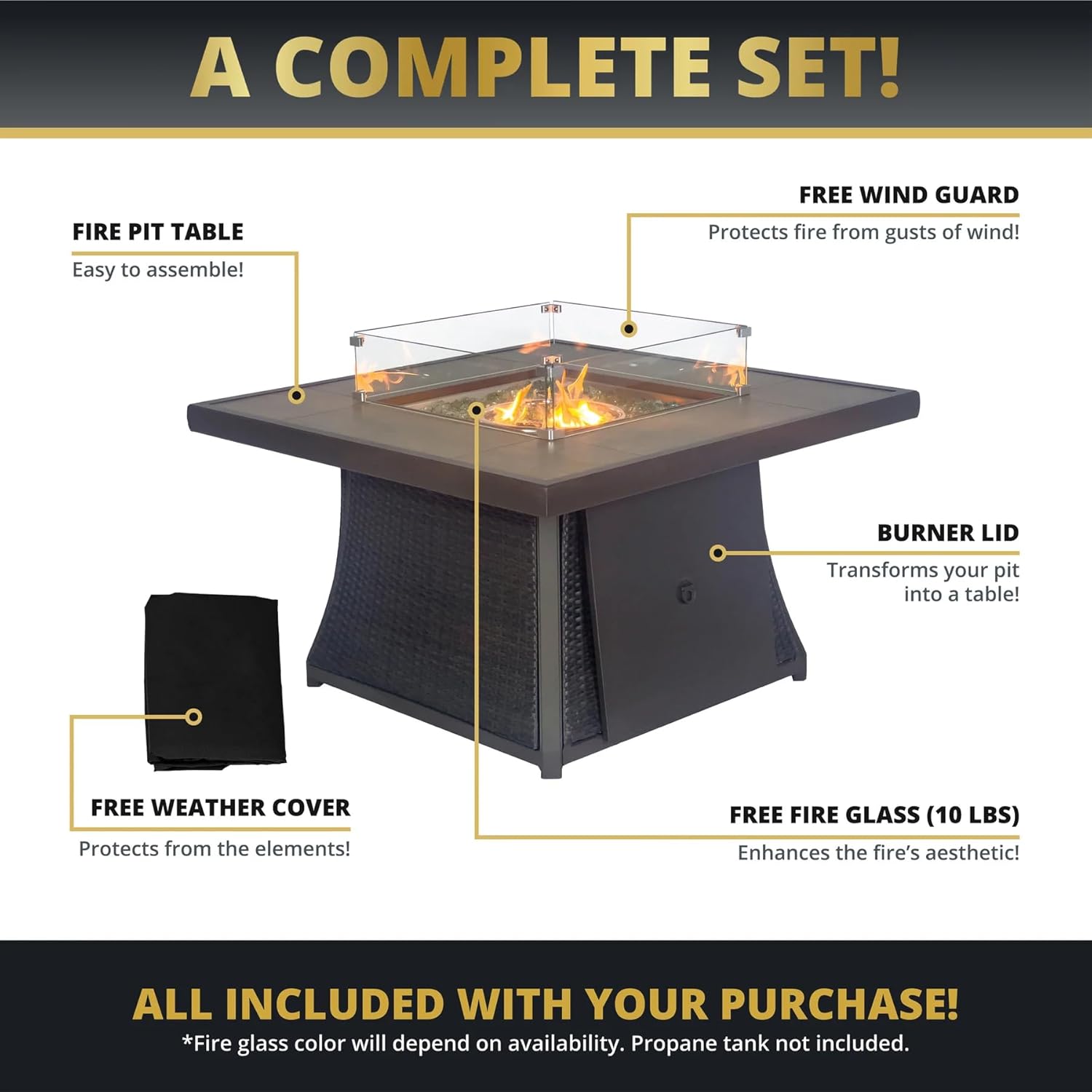 42" Outdoor Fire Pit Table for Patio, Propane Fire Pit Coffee Table with Square Base Patio Heater, CSA Certified, 50,000 BTU Stainless Steel Burner