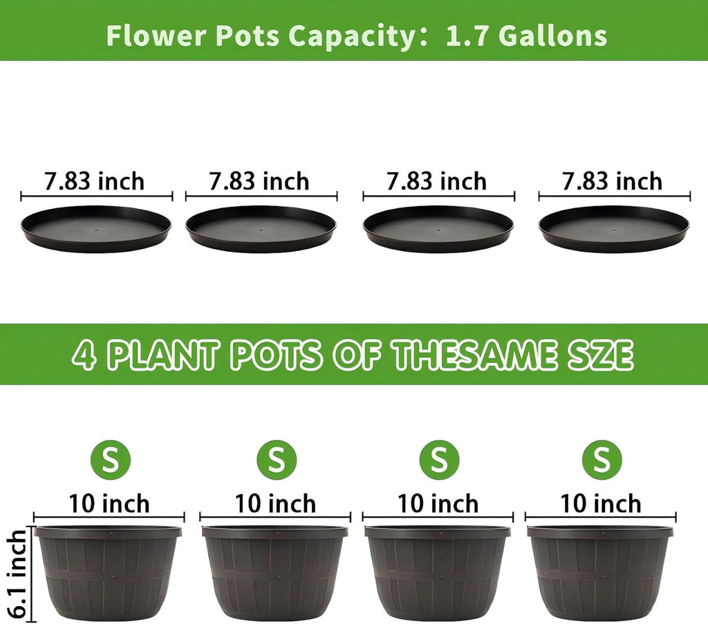Quarut 10 inch Plastic Flower Pots for Outdoor Plants，4 Pack Large Outdoor Planter Pot with Drainage Holes & Saucers，Imitation Wine Barrel Design，for Indoor Outdoor Garden Plants（Brown）