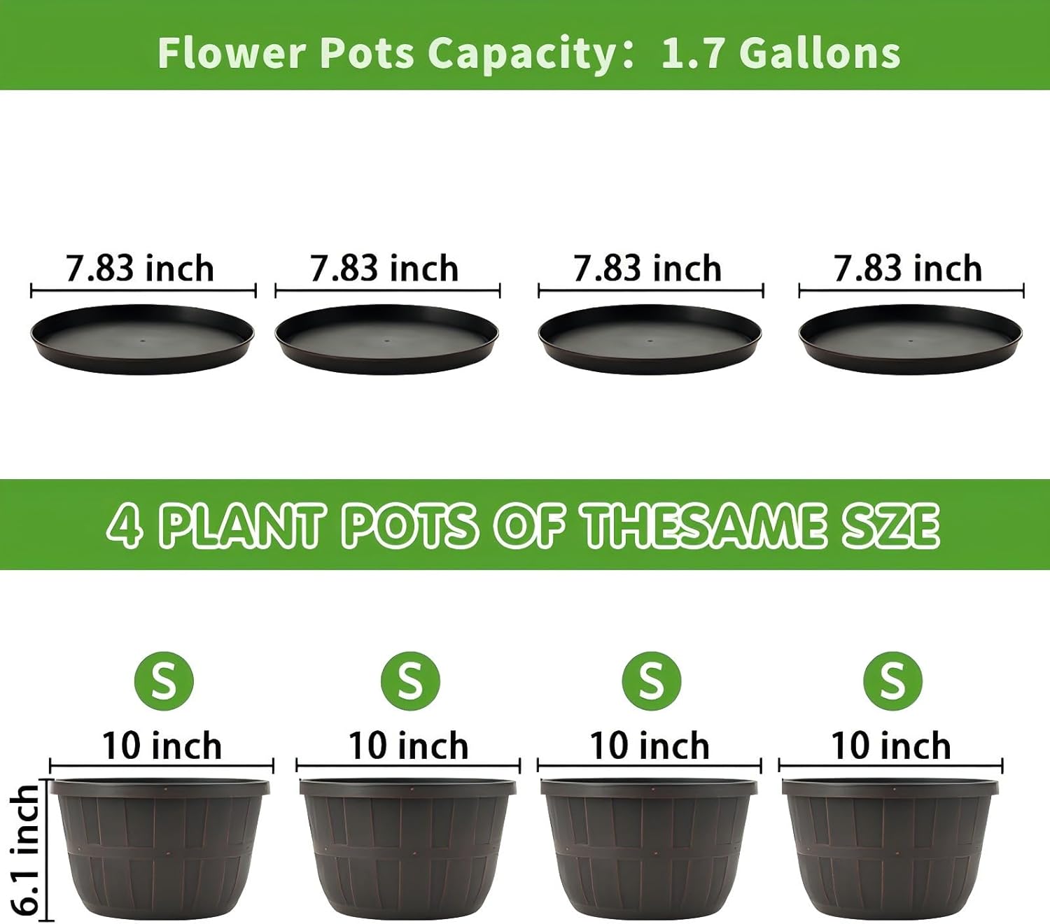 Quarut 10 inch Plastic Flower Pots for Outdoor Plants，4 Pack Large Outdoor Planter Pot with Drainage Holes & Saucers，Imitation Wine Barrel Design，for Indoor Outdoor Garden Plants（Brown）