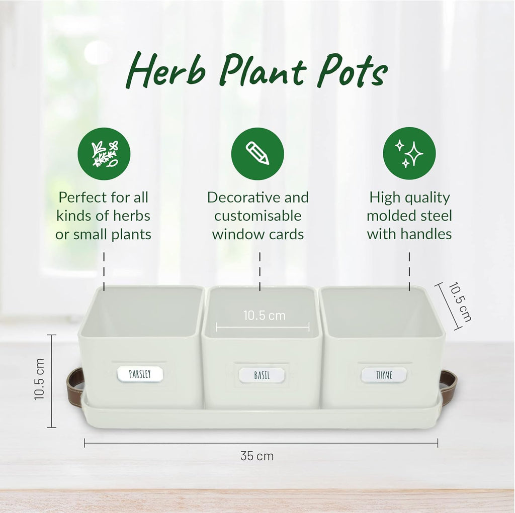 Herb Planter Indoor - Set of 3 Warmstone Indoor Herb Garden Pots for Plants with Leather Handled Tray - Window Sill Plant Shelf - Herb Pots with Drainage Holes and Labels