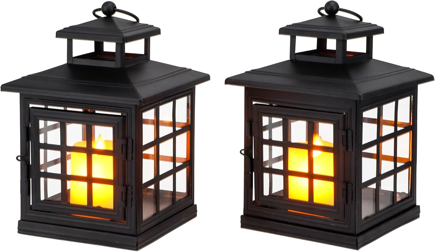 TRIROCKS Set of 2 Decorative Candle Lantern Metal Candle Holder Hanging Lantern Perfect for Home Decor Halloween Living Room Parties Events Tabletop Indoors Outdoors (Black)