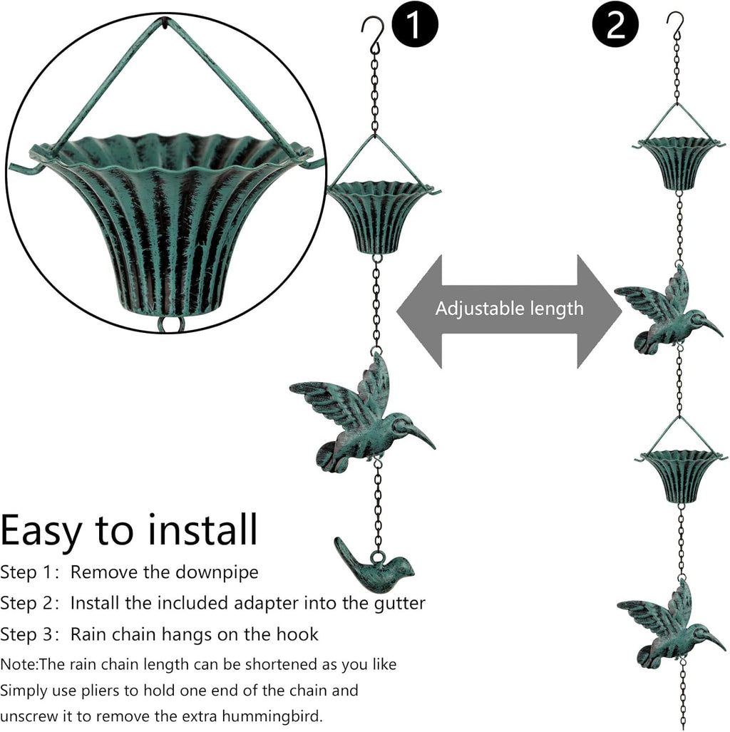 Rain Chain 8 FT,Wrought Iron Rain Chains for Gutters,Rain Chains for Outside with Hummingbird and Cup Rain Chains,Rainwater Catcher Chain, Outdoor Garden Decor(Antique Blue)