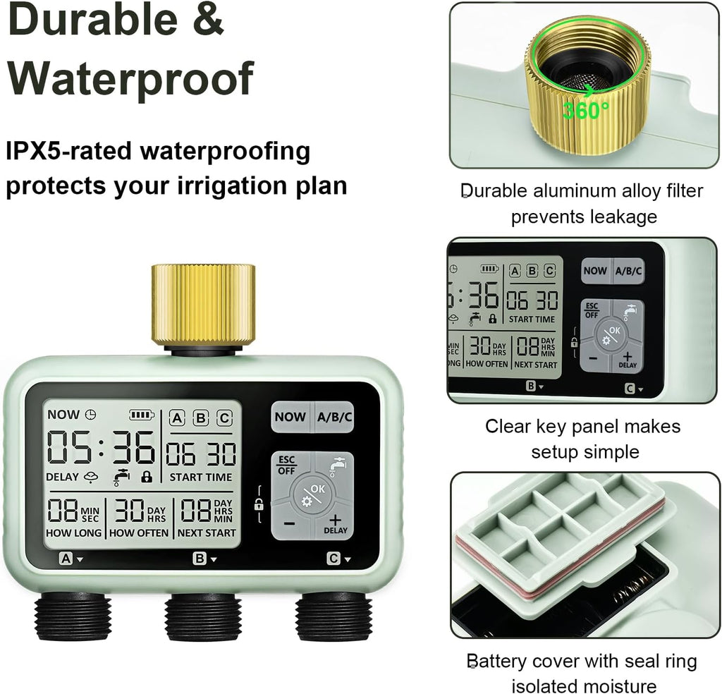 Watering Timer 3 Zone with Brass Inlet, Sprinkler Timer, Programmable Garden Outdoor Hose Faucet Timers with Rain Delay, Auto & Manual Watering System,Water Hose Irrigation Timers 3 Outlet for Garden