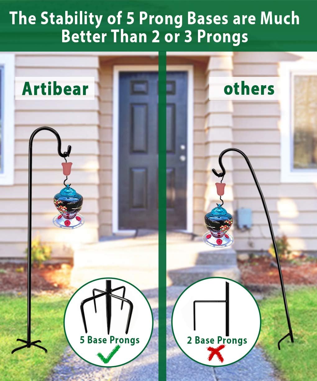 Artibear Adjustable Outdoor Shepherd Hook Stand with 5 Prong Base, 60 Inches Tall 3/5 in Thick, Shiny Black (2 Packs)