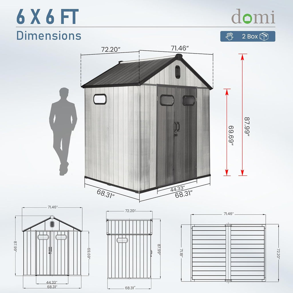 Domi 6x6 FT Outdoor Resin Storage Shed, All-Weather Double-Wall Storage Building for Backyard, Garden, Lawn Tools, Mower, Bike & Pool Equipment, Lockable Doors, Ventilated Roof, Grey