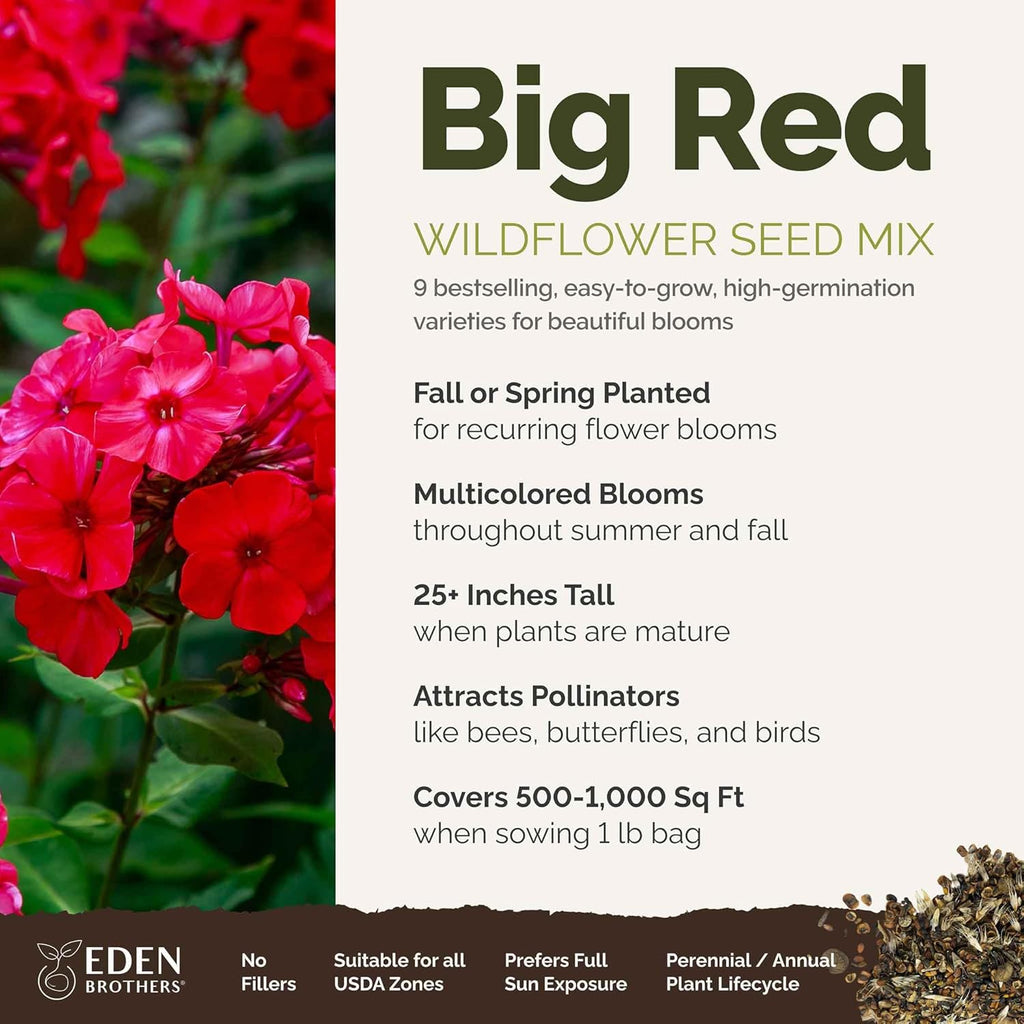 Eden Brothers Big Red Flower Mixed Seeds for Planting, 1 lb, 480,000+ Seeds with Painted Daisy Flame, Zinnia, Red Phlox | Attracts Pollinators, Plant in Spring or Fall, Zones 3, 4, 5, 6, 7, 8, 9, 10