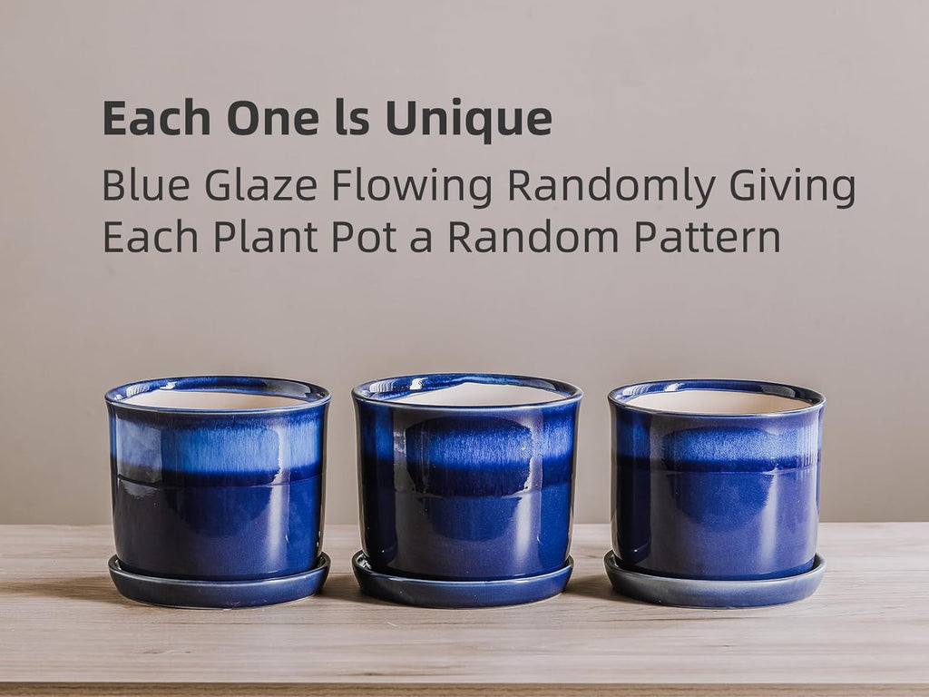 5.8 Inch Plant Pot: Ceramic Planter with Drainage Hole & Saucer for Indoor Outdoor Plants - Flowerpot with Bonded Tray for Home Office - Blue Reactive Glaze