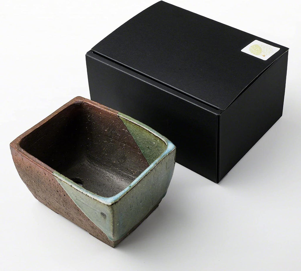 Wazakura Tokoname Series Small Handmade Rectangular Glazed Bonsai Pot with Drainage Holes 5.3 in (135 mm) Made in Japan, Ceramic Training Container and Planter - Brown Green