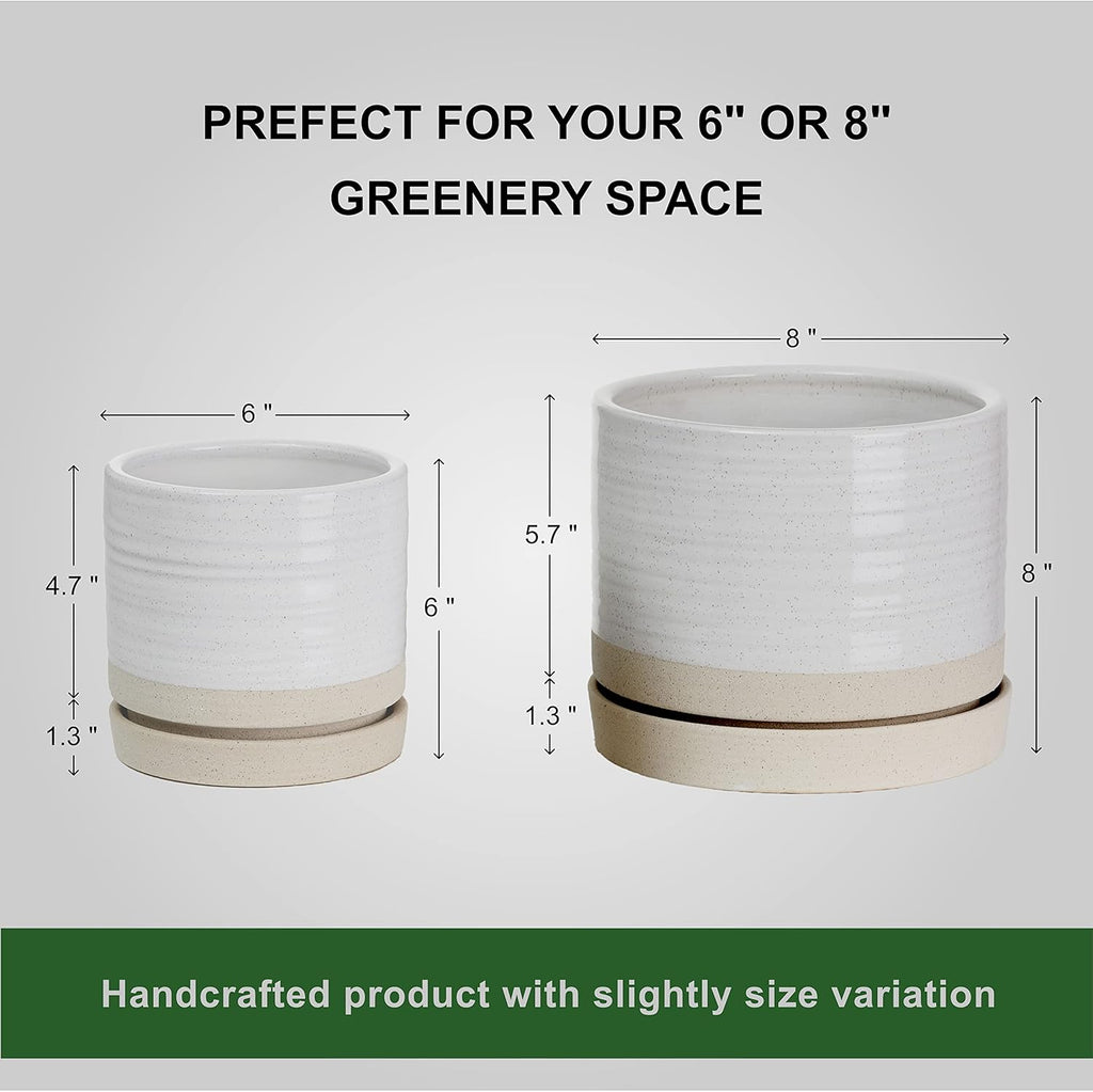 6 + 8 Inch Plant Pots, Ceramic Planter Pot with Drainage Hole & Saucer, Indoor/Outdoor Cylinder Round Planter Pot, Cream & Beige