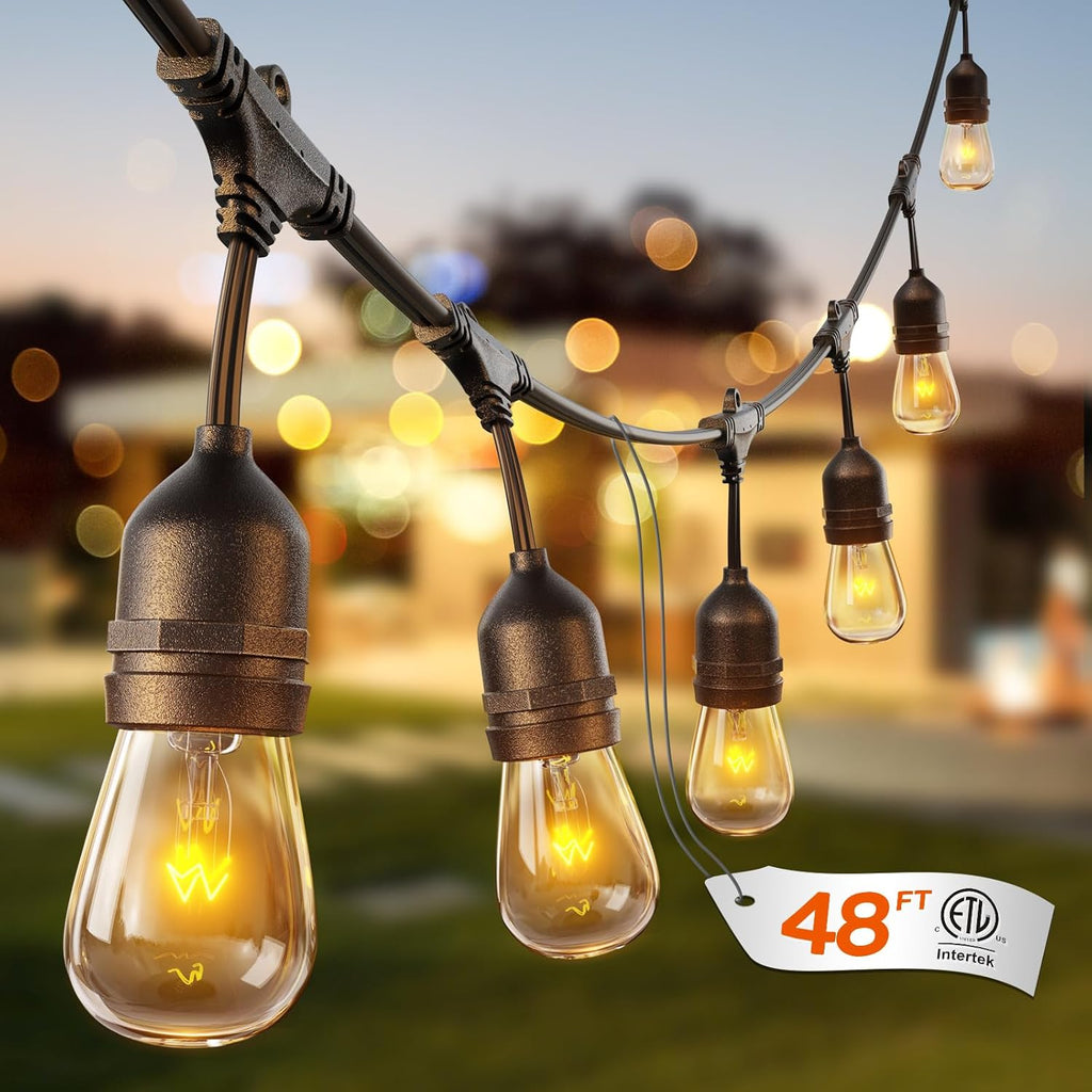 addlon 48 FT Outdoor String Lights Commercial Grade Weatherproof Strand, 18 Edison Vintage Bulbs, 15 Hanging Sockets (3 Spare Bulbs), ETL Listed Heavy-Duty Decorative Christmas Lights for Patio Garden