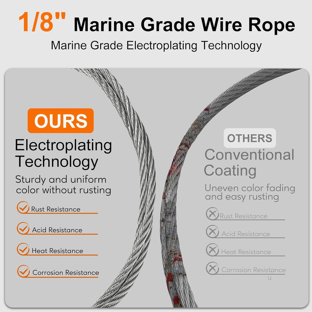 1/8" wire cable, 100ft Wire Rope Metal Cable With Loop Sleeve And Steel Thimble, 7x7 marine stainless steel Strand Core Perfect For Deck Railing System, Outdoor hanging kit, garden fence (SR03)