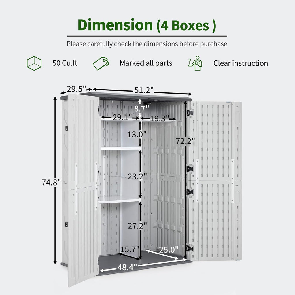 Macrout 50 Cu.Ft Plastic Outdoor Storage Cabinet with Shelves, 4.3 x 2.5 ft Waterproof Resin Outdoor Storage Shed with Floor, Lockable Vertical Shed for Garden and Patio