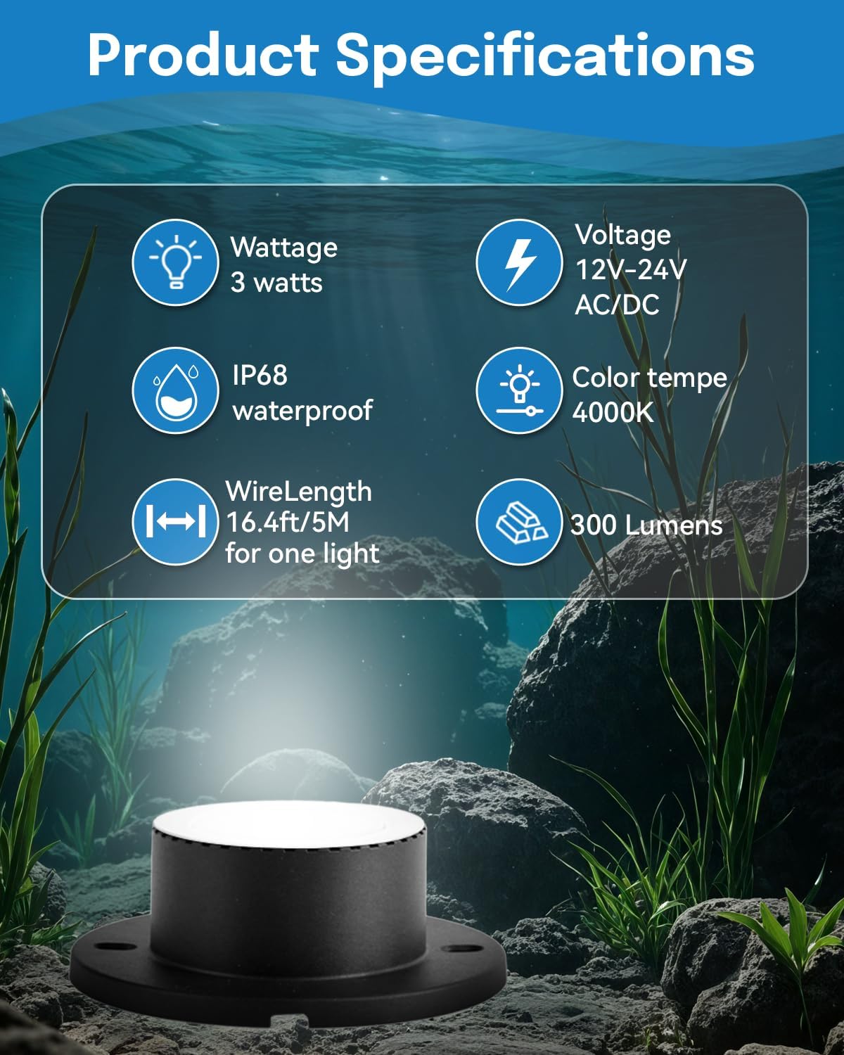 HIBOITEC Pond Lights 3W LED IP68 Waterproof Underwater Lights with UL Cord Warm White 4000K Low Voltage Landscape Lighting for Fountain Pool Compatible 12-24V AC/DC 2Pack