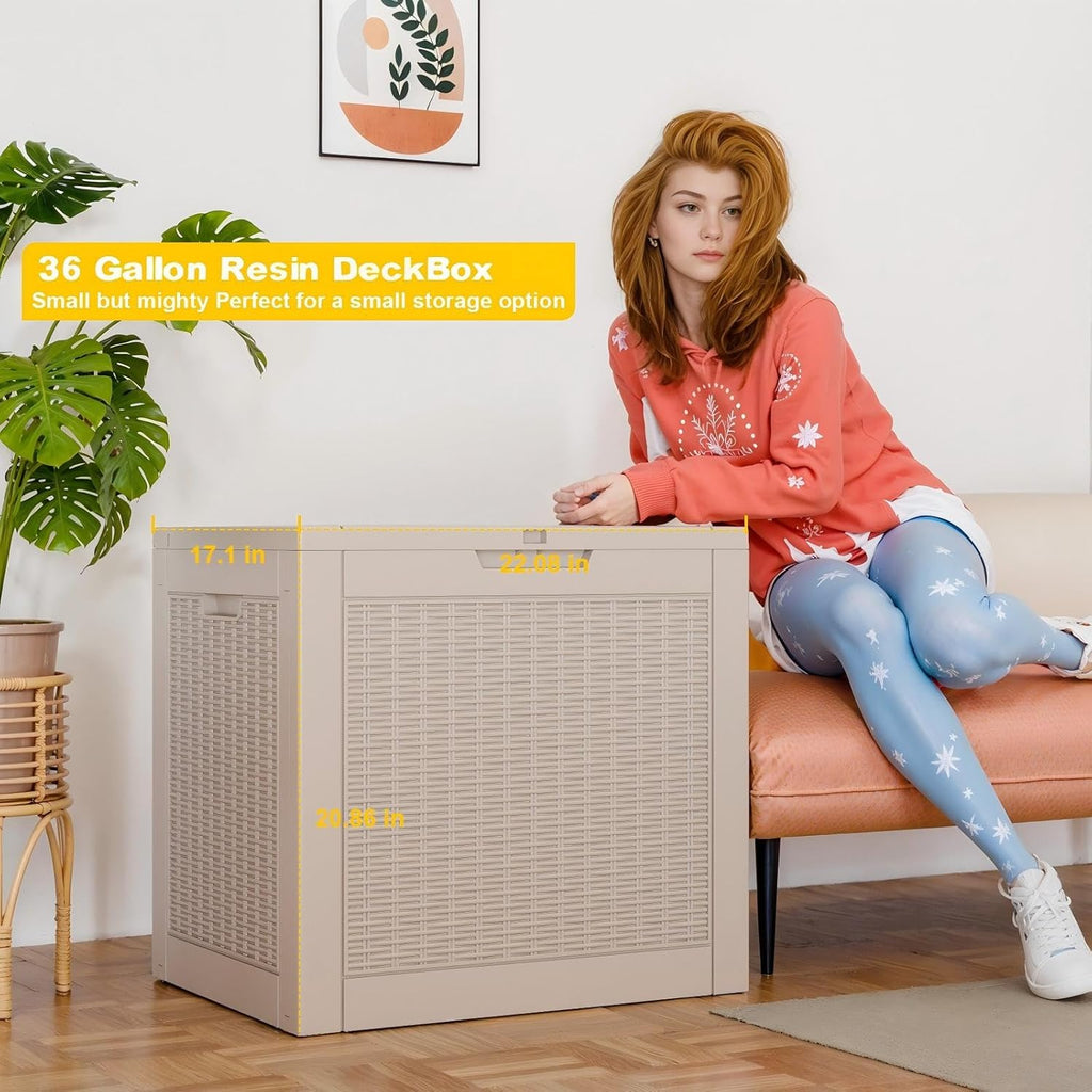 37 Gallon Outdoor Deck Box,Storage Lockable Waterproof Patio Furniture,Garden Tools,Cushions,Pool Accessories Outside Storage Resin Box(Grey)