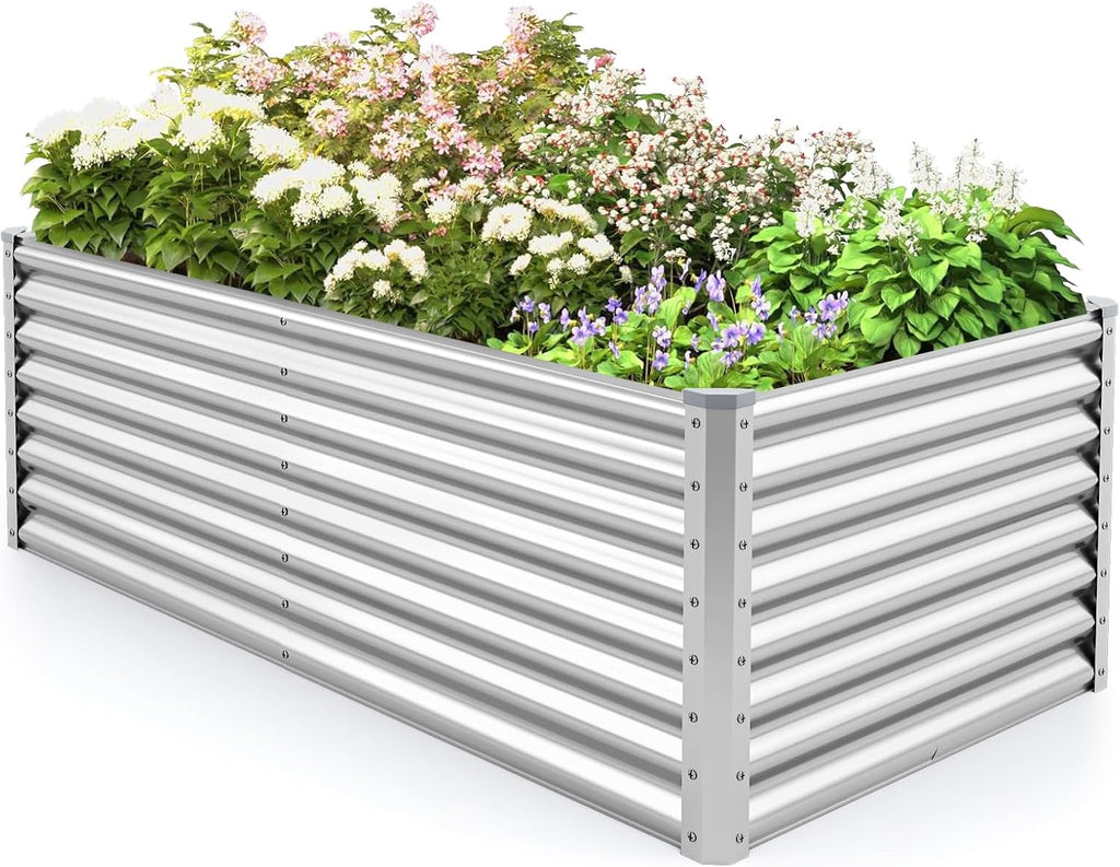 Rectangular Raised Garden Bed, Galvanized Garden Planter with Open Bottom, Sprayed Plate & Corner Protectors, Outdoor Metal Planter Box for Vegetables, Flowers & Herbs (Sliver)