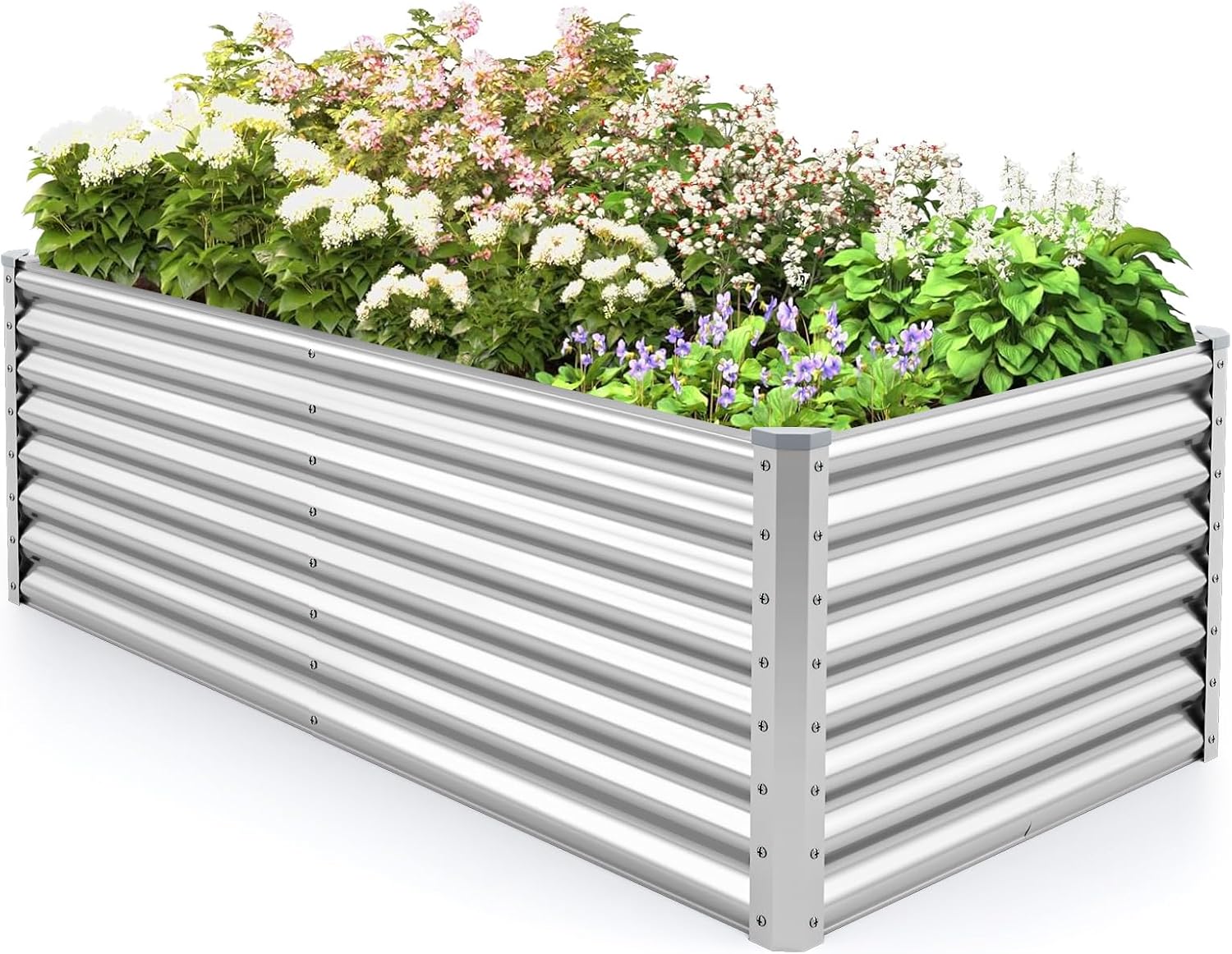 Rectangular Raised Garden Bed, Galvanized Garden Planter with Open Bottom, Sprayed Plate & Corner Protectors, Outdoor Metal Planter Box for Vegetables, Flowers & Herbs (Sliver)