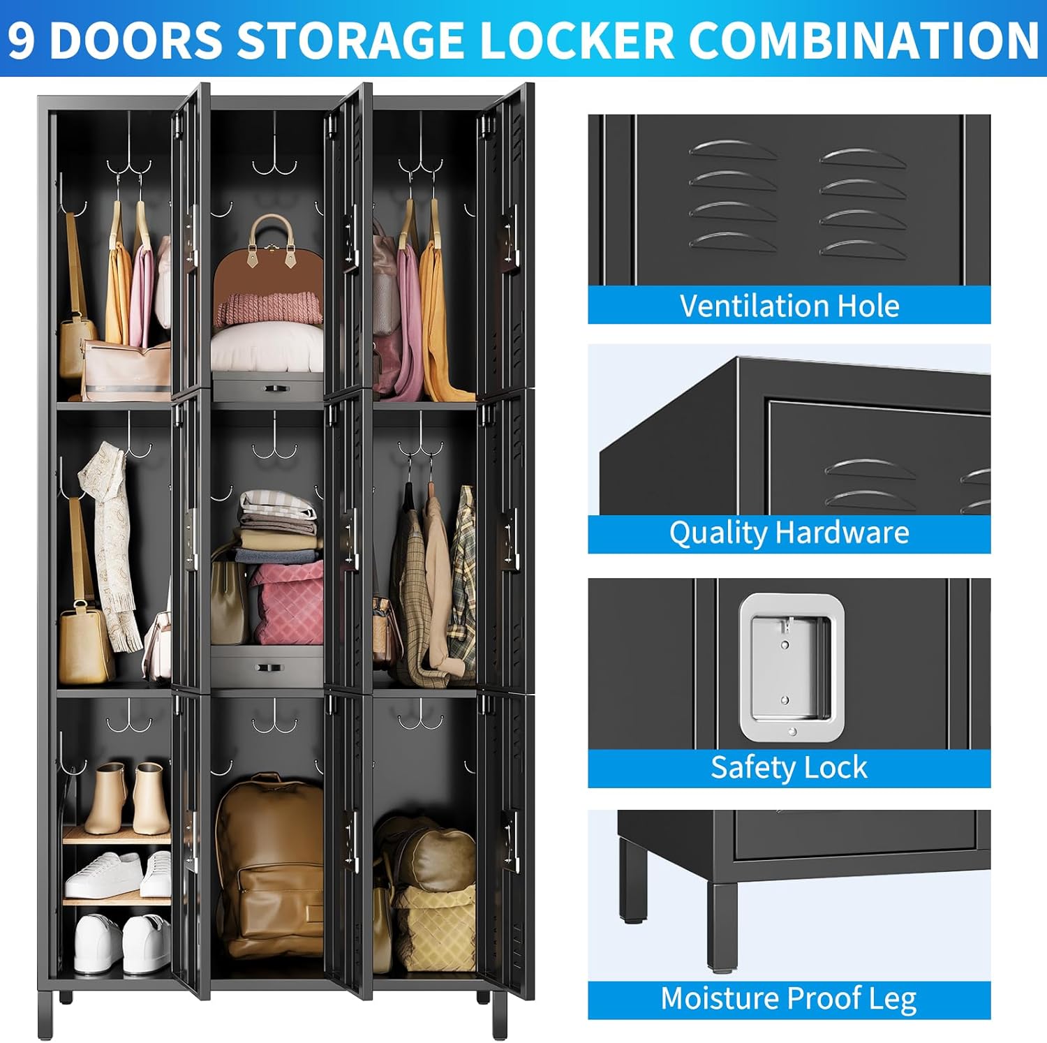 72" Metal Lockers for Employees with 9 Door, Black Metal Storage Cabinet with 27 Hooks, Industrial Locker, Assembly Required, for Gym, School, Classroom, Home, Office, Industrial