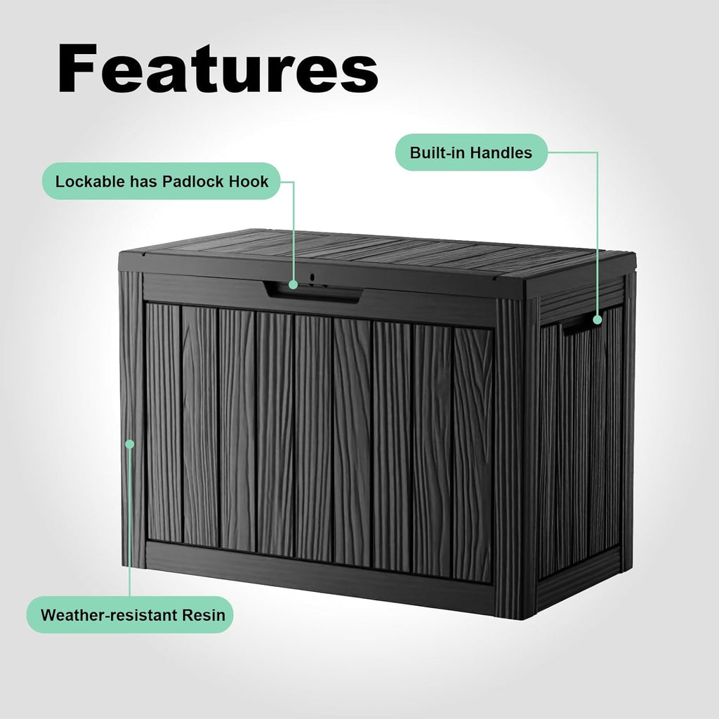 45 Gallon Resin Deck Box, Lockable Outdoor Storage Box for Patio Cushions Storage Furniture,Garden Tools, Pool Supplies, Weatherproof and UV Resistant（Black）