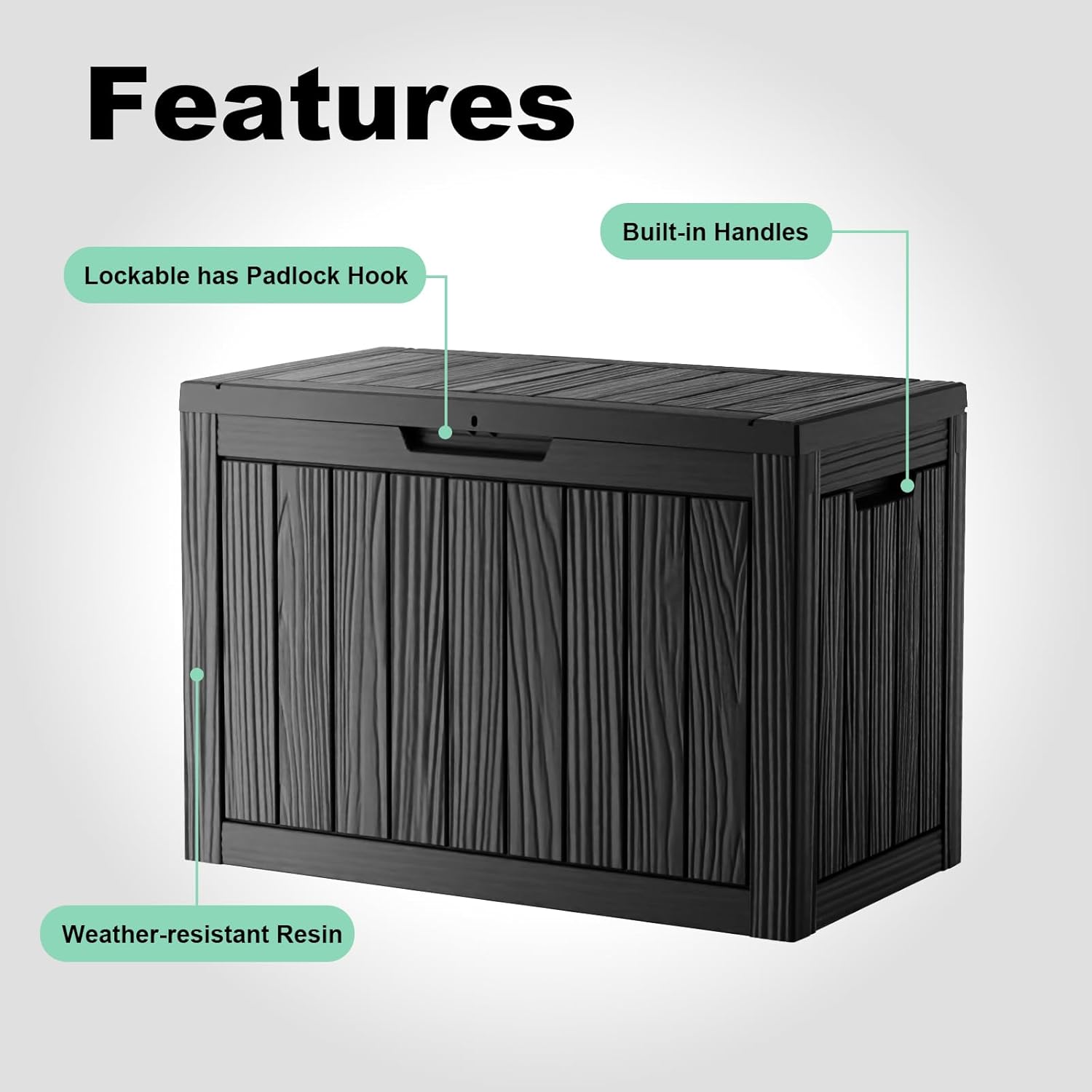 45 Gallon Resin Deck Box, Lockable Outdoor Storage Box for Patio Cushions Storage Furniture,Garden Tools, Pool Supplies, Weatherproof and UV Resistant（Black）