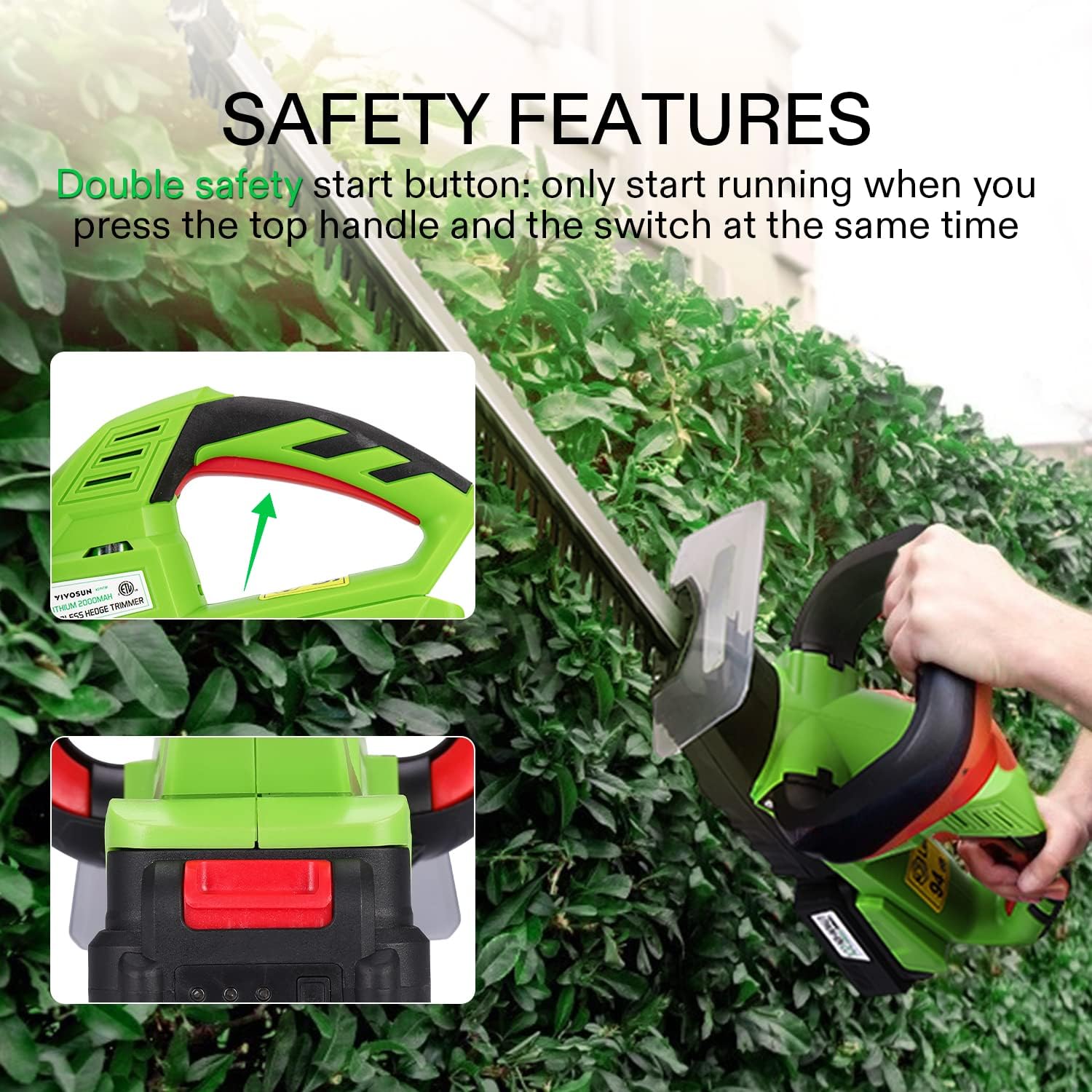 VIVOSUN 20" Cordless Hedge Trimmer, 20V Electric Bush Trimmer, 1400 RPM Shrub Trimmer, Dual-Action Laser Blade, 3/5" Cutting Capacity, Lightweight & Compact, 2Pcs Batteries and Fast Charger Included