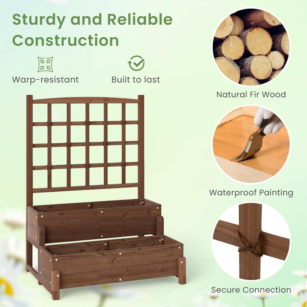 HAPPYGRILL Raised Garden Bed with Trellis, Drainage Holes, 2-Tier Wooden Elevated Planter Box w/Legs for Climbing Plants Vine Flower Herb Vegetable Fruit, Outdoor Garden Box for Patio Balcony