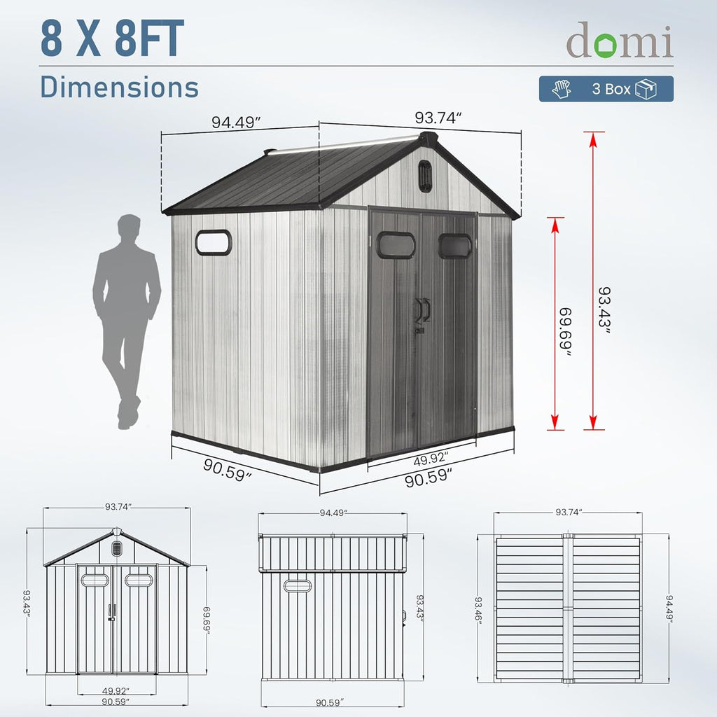 Domi 8x8 FT Outdoor Resin Storage Shed, All-Weather Double-Wall Storage Building for Backyard, Garden, Lawn Tools, Mower, Bike & Pool Equipment, Lockable Doors, Ventilated Roof, Grey