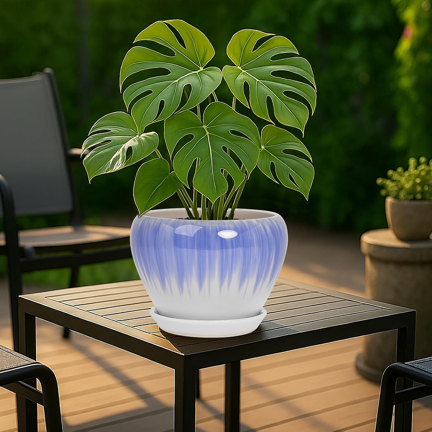 Deep Dream 8 Inch Plant Pots- Ceramic Pots for Plants with Drainage Hole and Saucer, Large Planter Pot for Indoor Plants Outdoor Decor, White&Blue