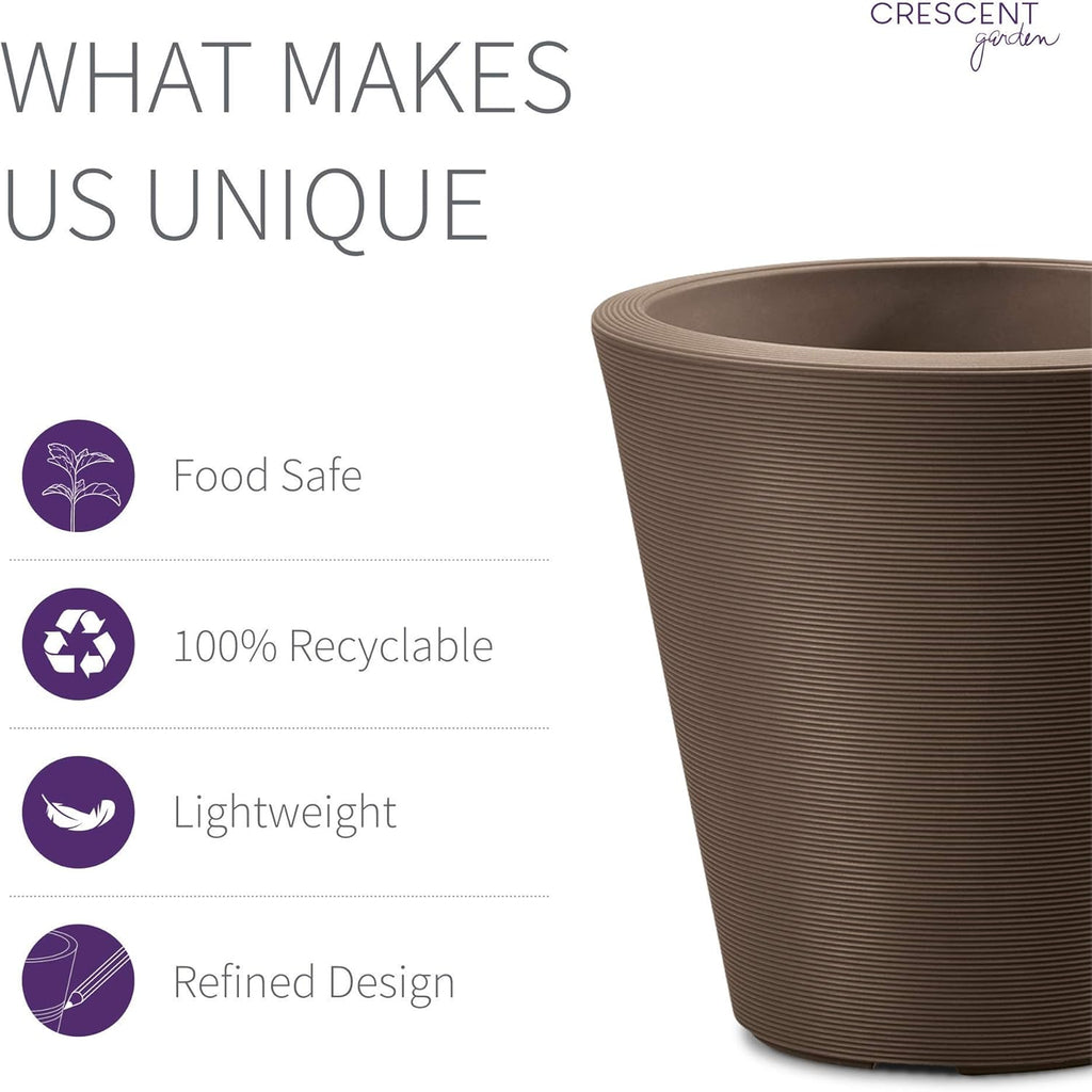 Crescent Garden Madison Planter– Weather-Resistant, Double Walled Indoor/Outdoor Plant Pot with Drain Hole – Durable All-Season Flower Container, 16" W (Bark)