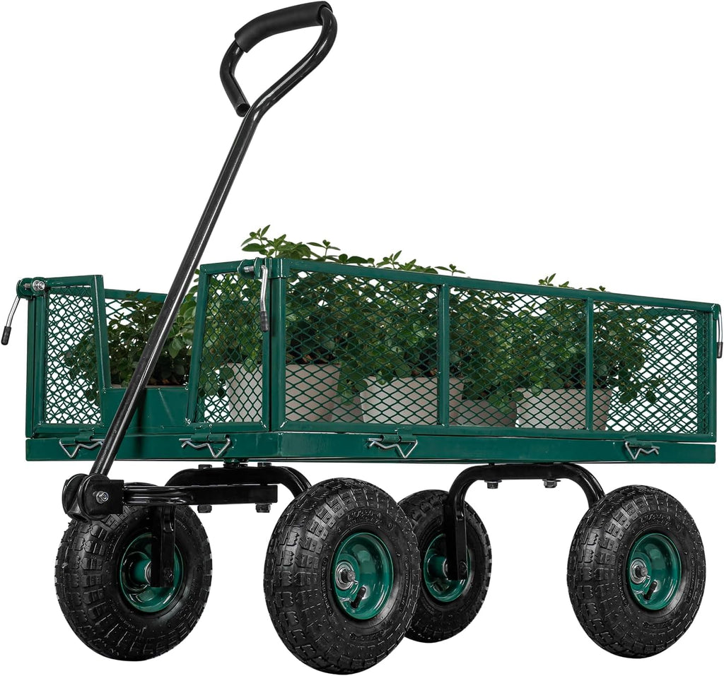 TAIFA Heavy Duty Steel Garden Cart 880 Lbs Capacity with Removable Sides for Yard Lawn and Farm, Metal Utility Wagon with 180° Rotating Handle, Green