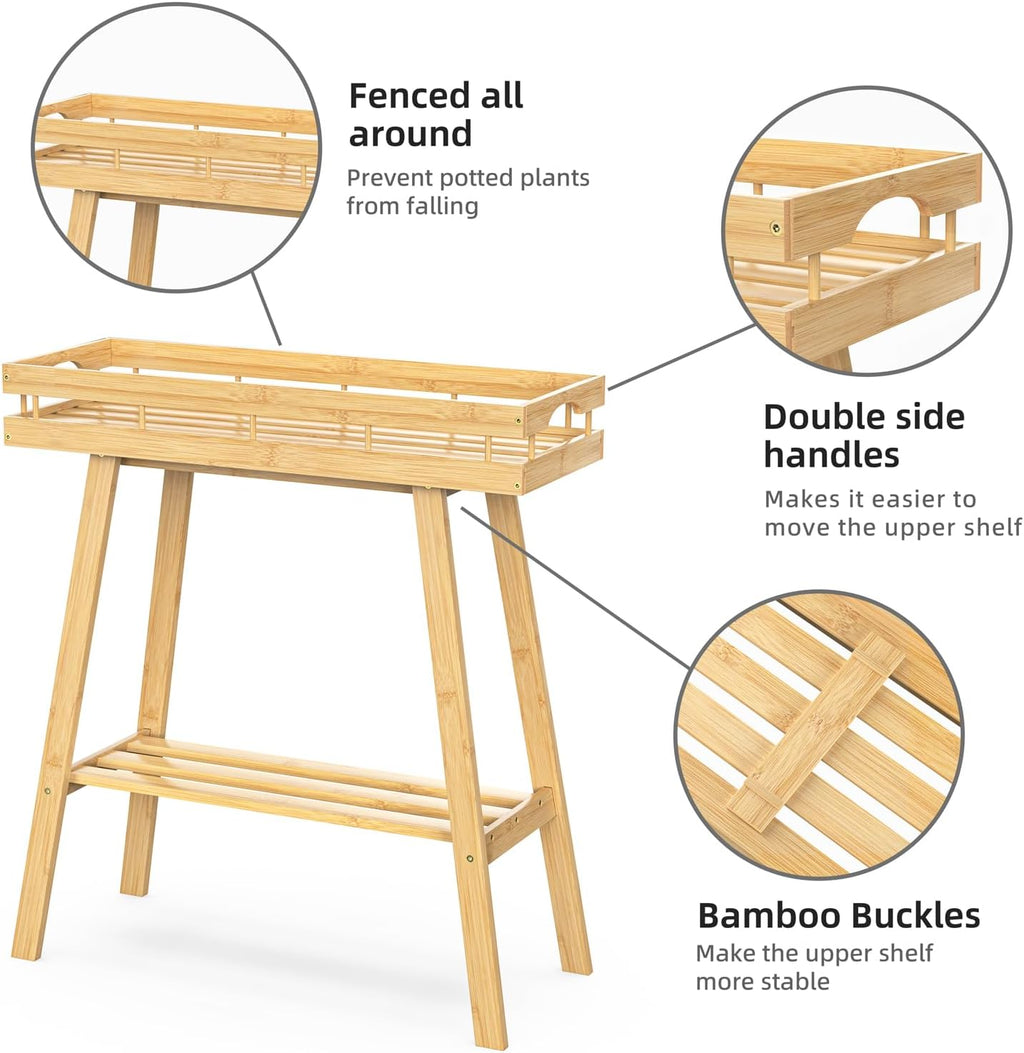 BAMBANG Bamboo Plant Stand Indoor, 2 Tier Small Plant Table, Tall Plant Stand for Indoor Plants, Window Sill Plant Shelf, Flower Pot Holder Plant Bench Plant Rack for Living Room, Natural