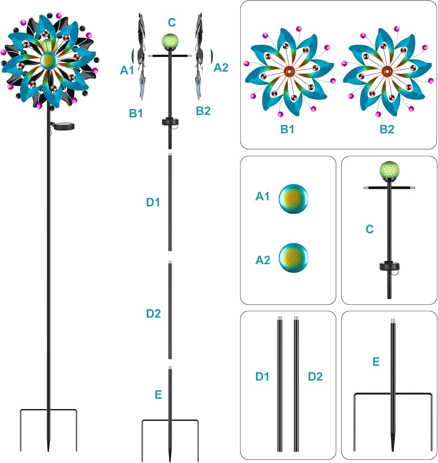 Solar Wind Spinners Outdoor - 58.8 inch Large Metal Kinetic Art Wind Sculptures Solar-Powered Multi-Color Lights Glass Ball with 360° Swivel Waterproof Windmill for Yard Garden Patio Lawn Decor