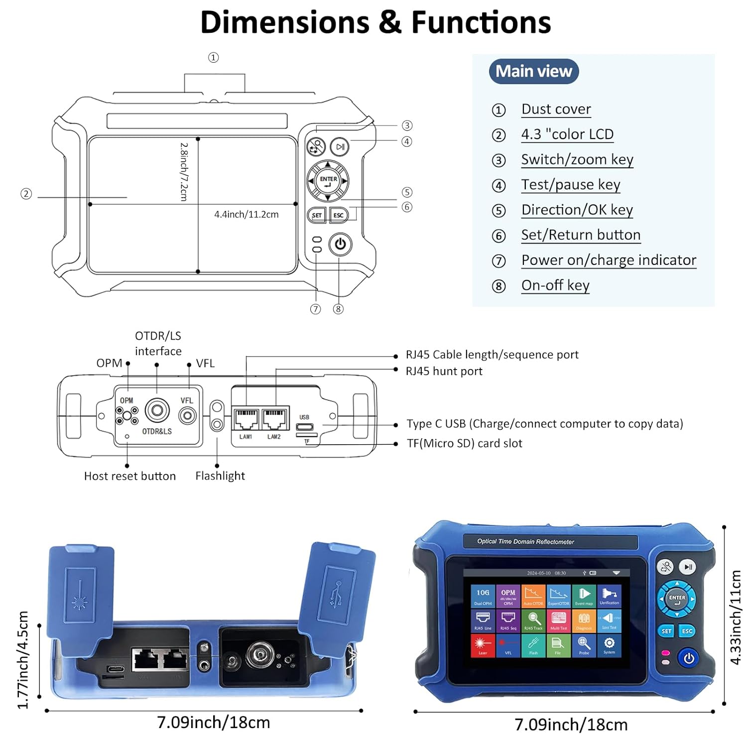 16-in-1 OTDR Optical Fiber Tester 1310/1550nm,4.3' Touch Screen and Event Map OLT (Optical Loss Test), Fiber Tester Built-in VFL OPM LS/OLS/RJ45,Functions RJ45 Cable Tester Network Tools