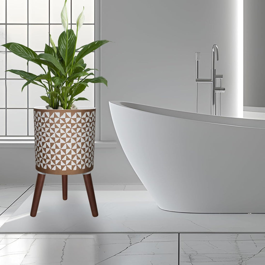 12 Inches Plant Pot with Stand, Large Modern Standing Planters for Indoor Outdoor Plants with Drainage Holes, Big White & Gold Flower Pots with Legs