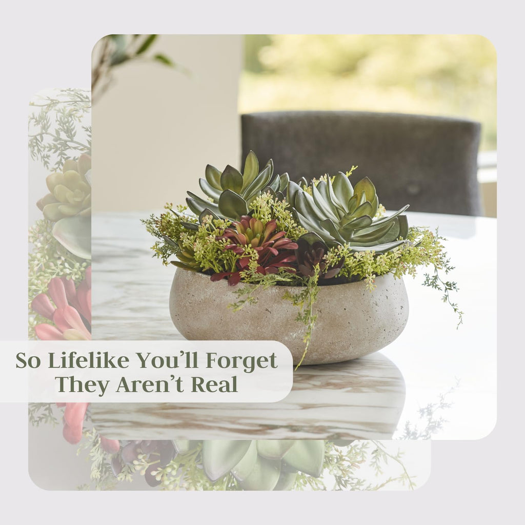 Round Faux Succulent Arrangement, 14" Premium Artificial Indoor Plant Enhances Interior Design, Display on Any Surface in Your Home Adding an Inviting Touch of Nature, Natural Planter Pot Included