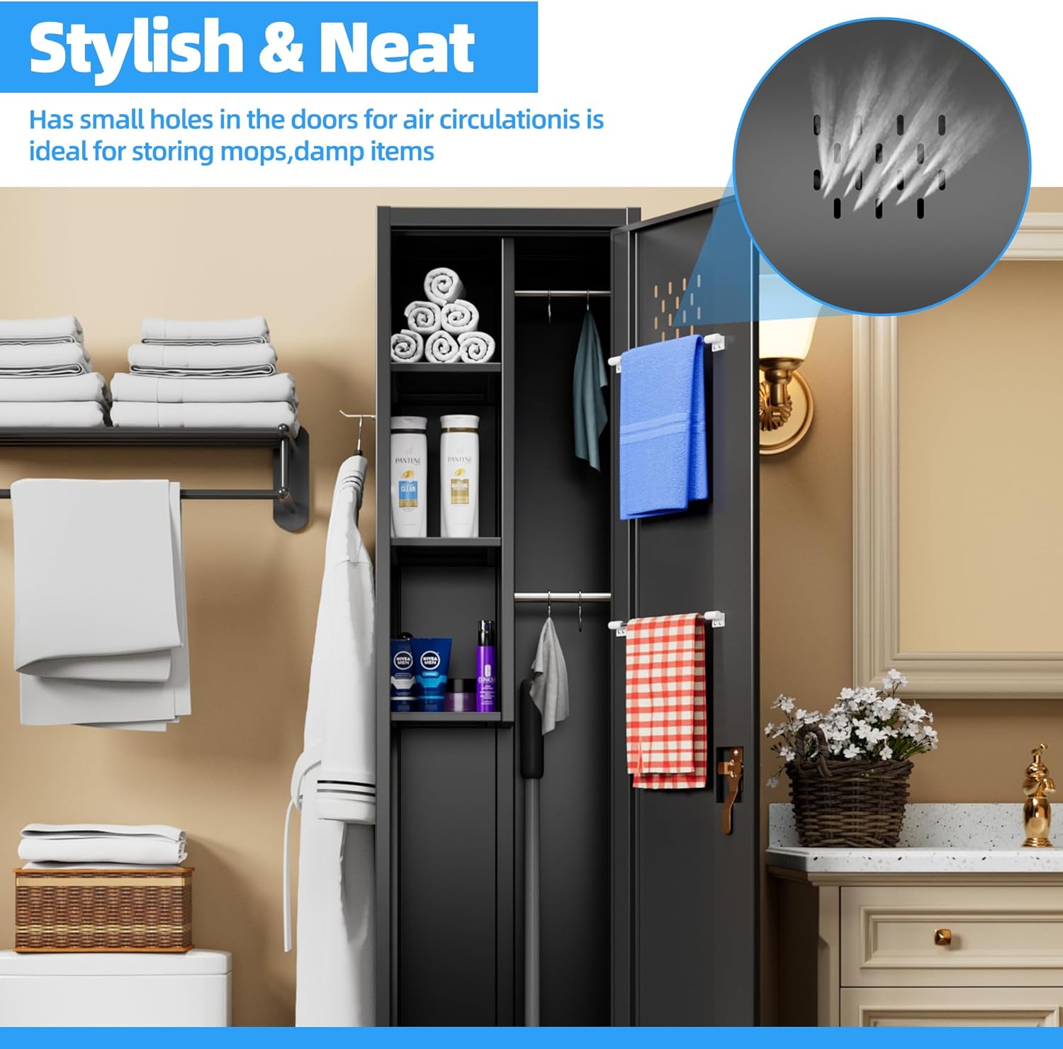 15.75 in Wide Garage Storage Cabinet, Metal Storage Cabinet with Wheels and 2 Adjustable Shelves for Home Offices, Gyms and Pantries, Black