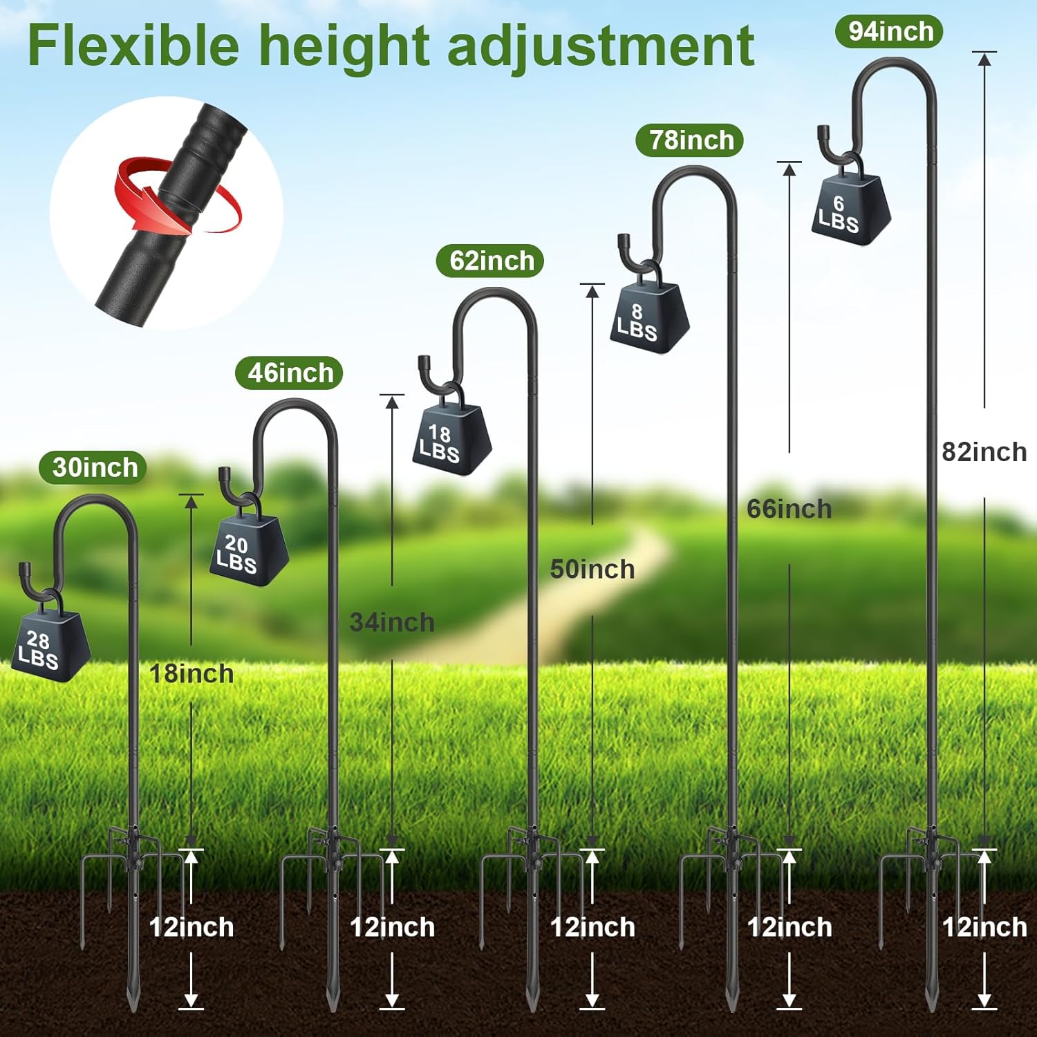 Hummingbird Feeder Pole for Outdoors - Heavy Duty Bird Feeder Stand with Adjustable Stake,62"Rustproof Shepards Poles with Hangers Holder for Birdfeeder,Wind Chimes,Lanterns,Wreaths,Black