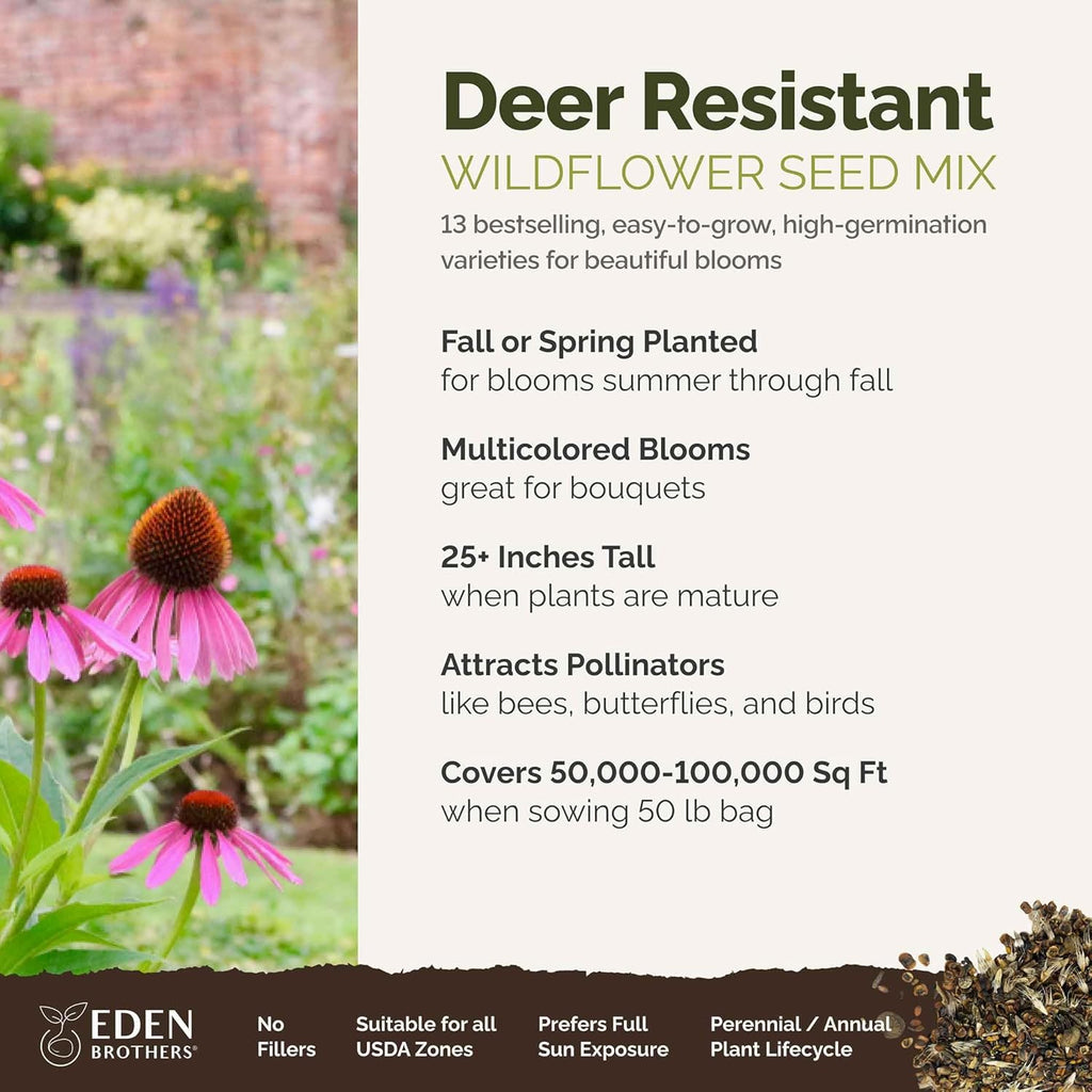Eden Brothers Deer Resistant Wildflower Mixed Seeds for Planting, 50 lb, 24,000,000+ Seeds with Foxglove, Forget Me Not | Attracts Pollinators, Plant in Spring or Fall, Zones 3, 4, 5, 6, 7, 8, 9, 10