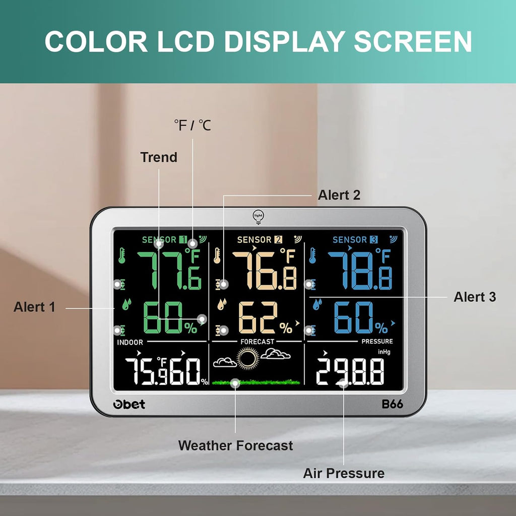 Weather Stations with 3 Sensors Indoor Outdoor Thermometer Wireless Large Display Adjustable Backlight with 500 feet Range Silver