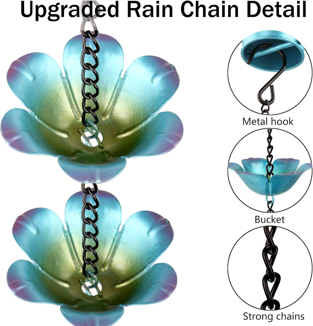 9FT Wrought Iron Rain Chain Set with 1 Adapter,Rain Chains for Outside with Rain Chain 16 Cups Flowers and Decorative Small Bell (Blue-Purple)