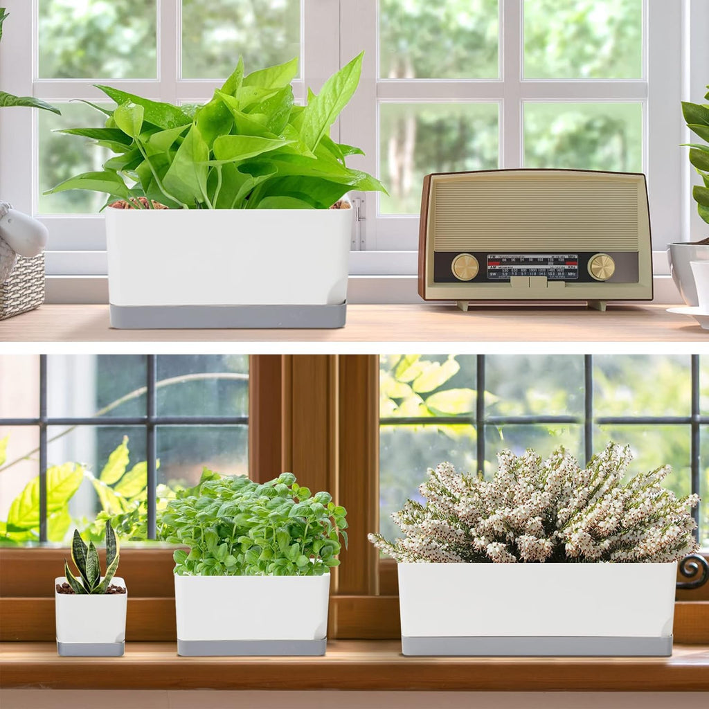 Self Watering Planters Pots for Indoor Plants, 7 Pack Plastic Planter Box Flower Pots for Indoor Outdoor Plants, Rectangle Herb Planter Window Boxes Planterswith Drainage, Light Gray Tray