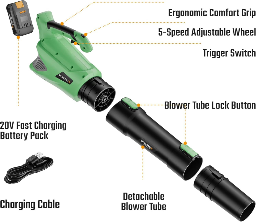 WORKPROX Leaf Blower Cordless, 20V Electric Blower with 4.0Ah Type-C Charging Battery, 89.5MPH 500CFM, Lightweight Handheld Mini Blowers for Lawn Care, Patio Cleaning, Dust, Blowing Leaves