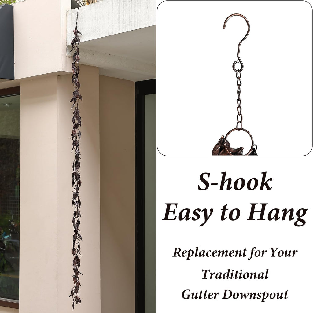 8.5 FT Rain Chain, Leaves Rain Chains for Gutters and Downspouts, Decorative Rain Chains for Outside, Metal Rain Catcher Gutter Chain Downspout, Decorate Your House and Garden, Antique Copper