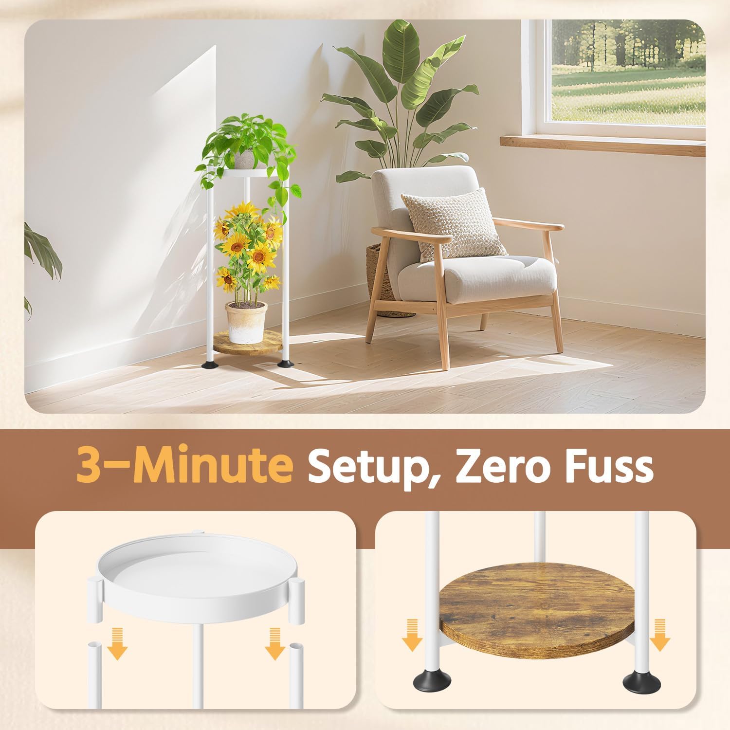 LASZOLA 2 Tier White Plant Stand Indoor for Large Tall Heavy Duty Flower Planter, Metal Vertical Multi Level Rack for Narrow Floor Corner, Sturdy Round Holder Organizer, Modern, Mid Century, Farmhouse